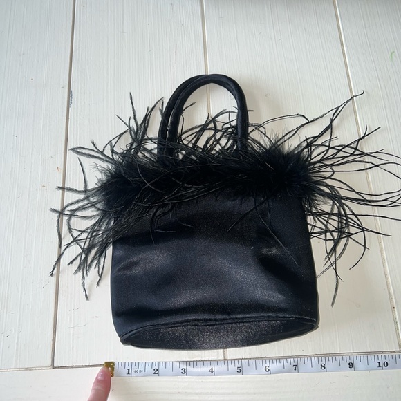 Vintage Inspired Black Satin Tote with Feather Trim - Picture 3 of 4